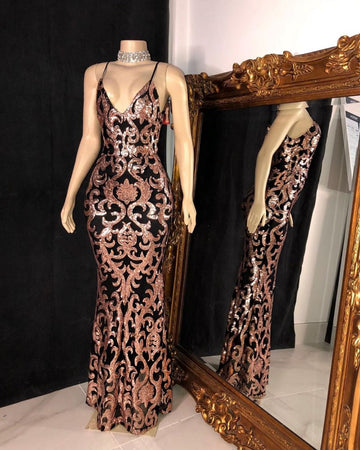 TRENDY SEQUINS APPLIQUES V-NECK SPAGHETTI LONG MERMAID PROM GOWNS HZ1023